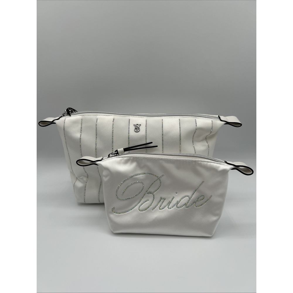 Victoria's Secret Bride Rhinestone 2 Pc Makeup Bag Set White Satin Cosmetics NWT